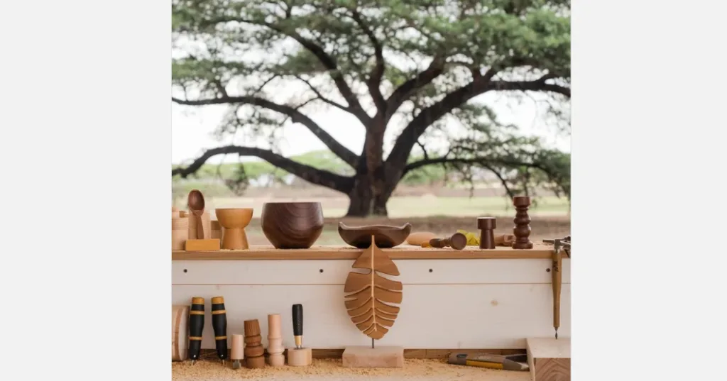 Acacia woodworking: Kitchen items displayed in front of an Acacia tree.