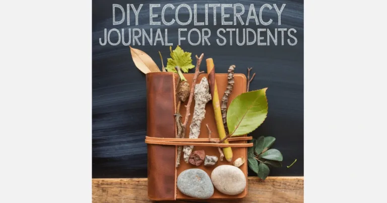 ecoliteracy journal with natural objects, beside a chalkboard that says "DIY Ecoliteracy Journal Ideas for Students.