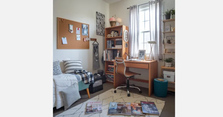 Stylish dorm room with a compact desk and cozy decor