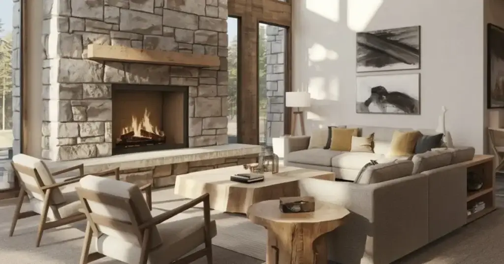 Modern rustic living room featuring cozy decor and a blend of wood and contemporary elements.