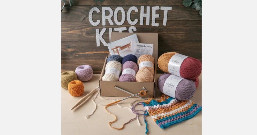 Crochet kits with yarn and hooks.