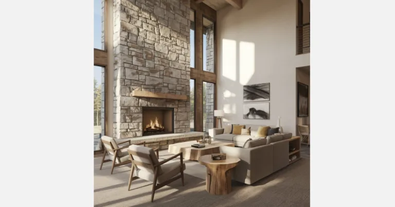 Modern rustic living room featuring cozy decor and a blend of wood and contemporary elements.