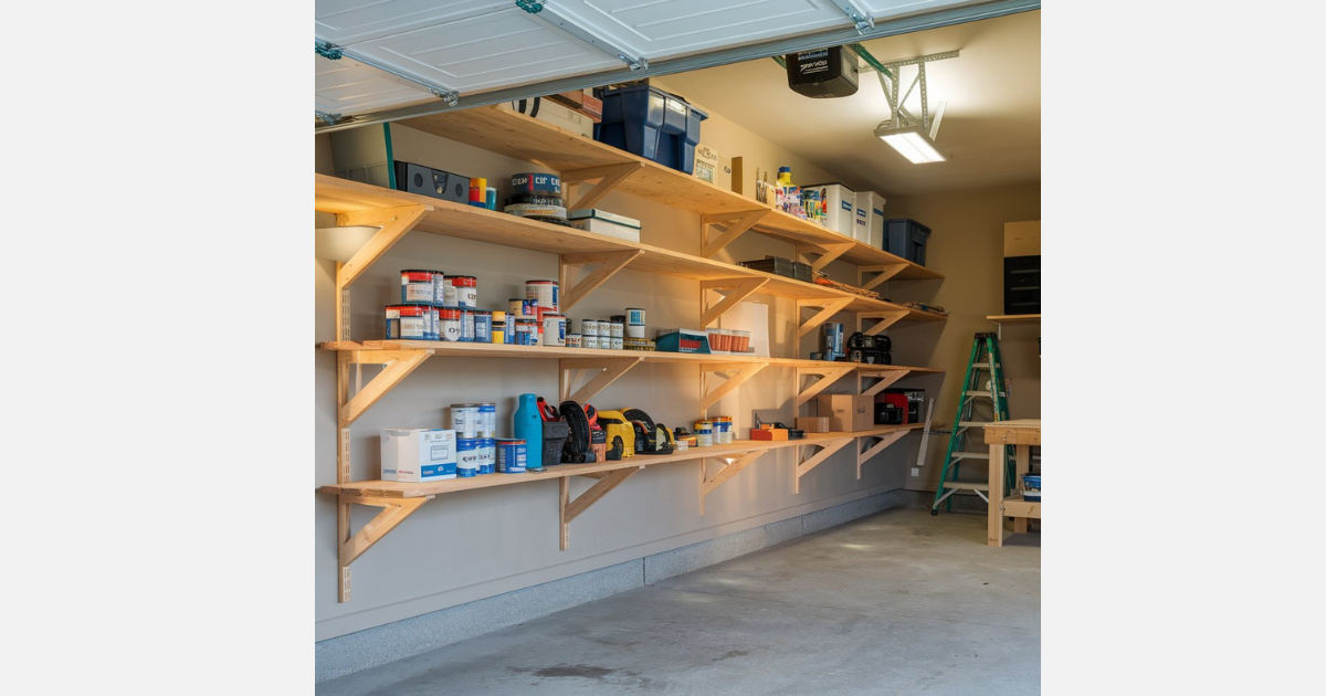 DIY garage shelves with tools and wood frame.