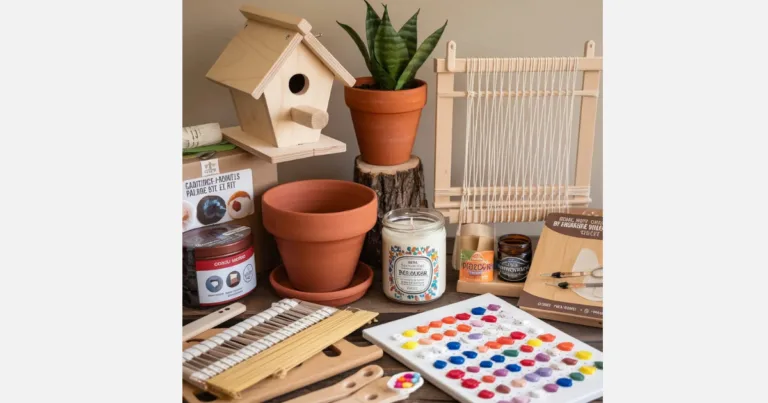 Collection of DIY kits for home projects, featuring woodworking tools, paint supplies, and crafting essentials.