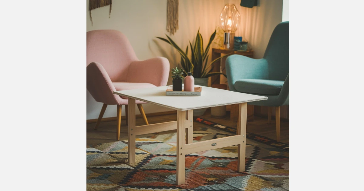 Woodworking small table with chairs and rug.